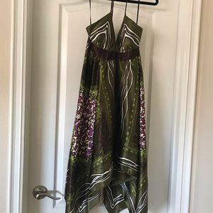 Olive green/plum asymmetrical halter dress